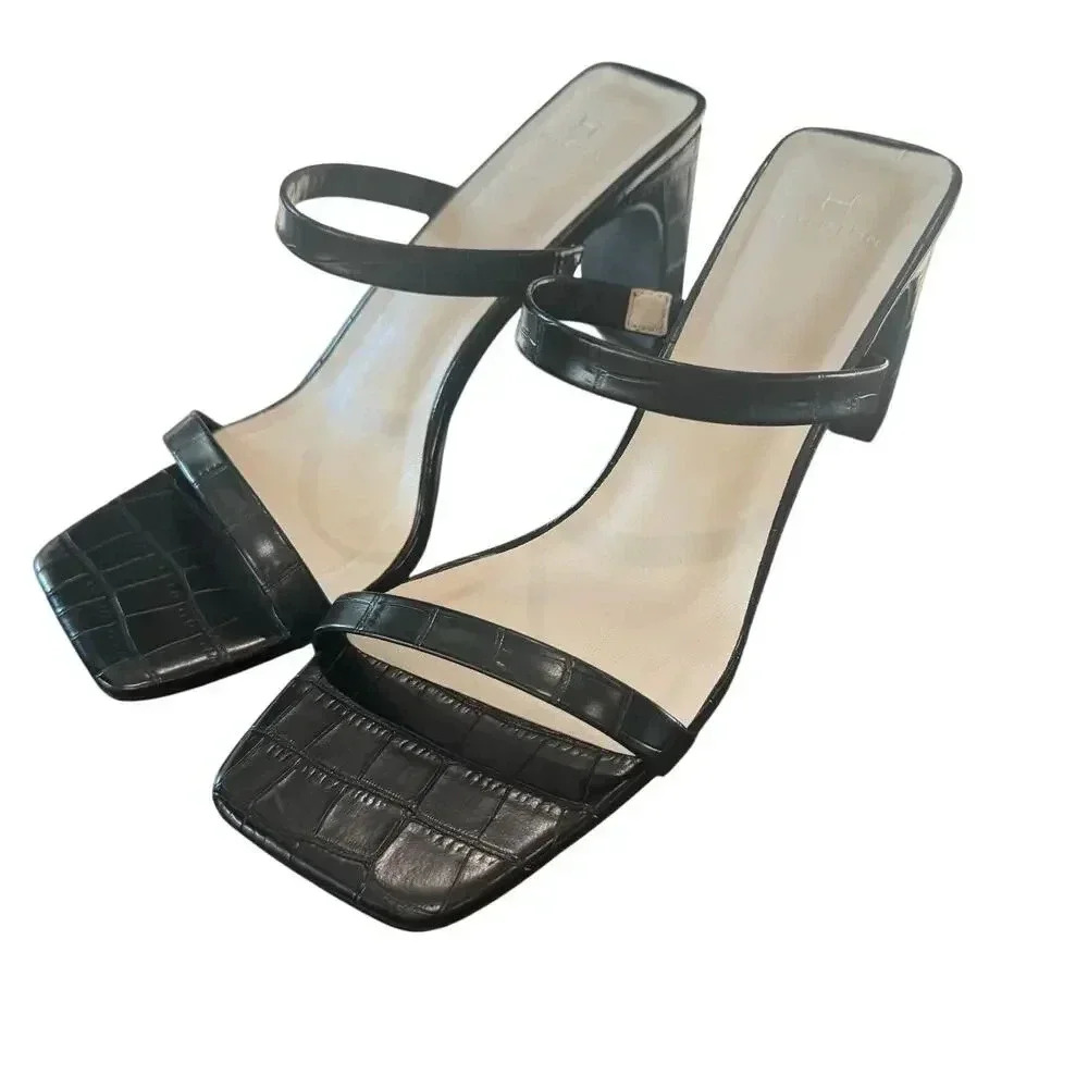 New HALSTON Black Kauai Sandals Heels Mules Slip On Size 7 Wedding Business Prom